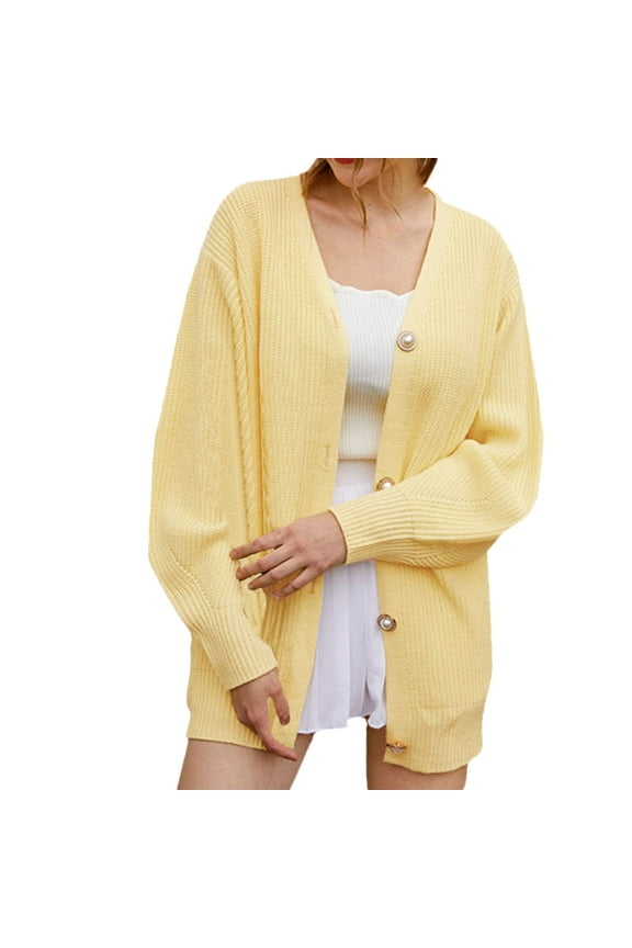 Cardigans 2024 Fall Open Front Ribbed Knit Oversized Cardigan Sweaters with Pockets Yellow,S