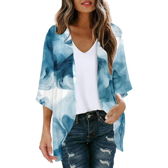 Ketyyh-chn99 Cardigans Women Chiffon Cardigans Casual Loose Open Front Beach Cover Up Tops Blue,XL