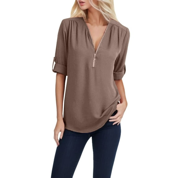 Ketyyh-chn99 Chiffon Blouses for Women Fashion Plus Size V-Neck Adjustable Chiffon Blouse Shirt Coffee,4XL