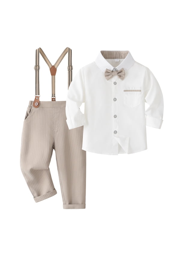 Christening Outfits for Boys Baby Boy Clothes Set Infant Tuxedo Long Sleeve Gentleman Suit Outfits + Suspender Pants + Bowtie Size for 5-6 Years,Khaki