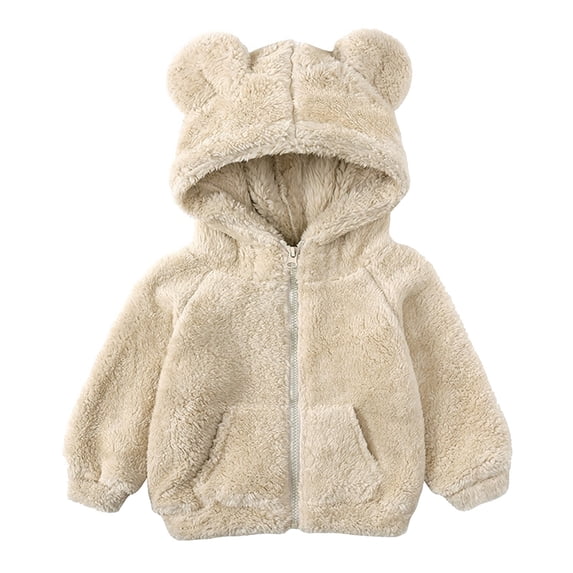 Ketyyh-chn99 Coats for Girls Toddler Grils Fleece Outwear Boys 3D Ears Hooded Zipper Jacket Thick Kids Warm Hooded Coat Beige,12-24 Months