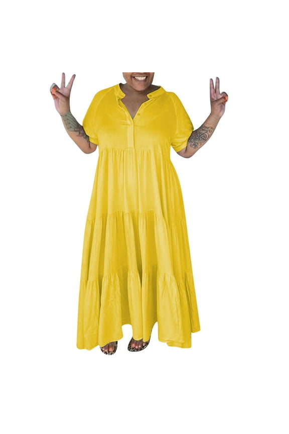 Dress for Women Plus Size Maxi Dress Summer Dress Ruffle Sleeve Loose Flowy Pleated Mini Dress Yellow,S
