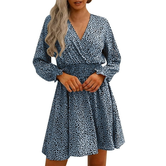Ketyyh-chn99 Dresses for Women 2023 Casual Floral Ruffle Collar Long Sleeve A-Line Dress Light Blue,S
