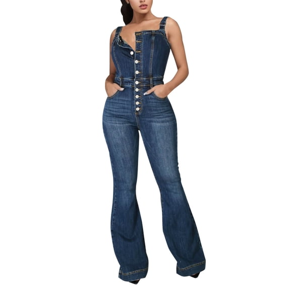 Ketyyh-chn99 Flare Bodysuit Jumpsuit Denim Jumpsuit for Women Tops Casual Loose Overalls Jumpsuits One Piece Sleeveless Wide Leg Long Pant Rompers Dark Blue,XL