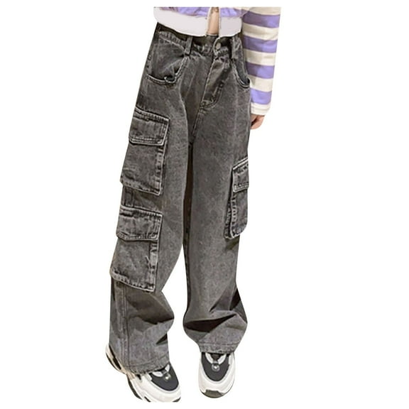 Ketyyh-chn99 Girl's Bowknot Print Washed Jean Toddler Girl's Ripped Straight Leg Crop Jeans Waist Denim Pants with Pockets Size for 130,Grey