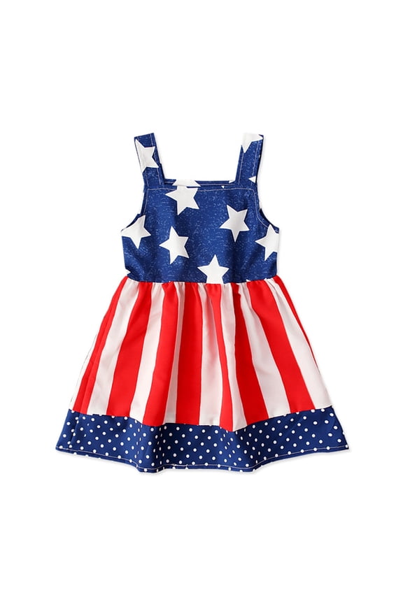 Girls 4th of July Toddler Summer Dresses for Girls Print Dress Back Bowknot Dress Independence Day Clothes Kids Sleeveless Sundress Red,1-2 Years