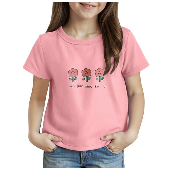Ketyyh-chn99 Girls' Basic Short Puff Sleeve Round Neck Cotton T-Shirt 4Th of July Girls Shirts Summer T Shirt Short Sleeve USA Flag Print Cute Tops Fashion Blouses Outfits Size for 6-7 Years,Pink