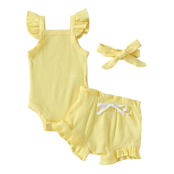 Ketyyh-chn99 Girls' Clothing Sets Girls' Sleeveless Top and Shorts Set Rib Knit Romper Print Shorts Headband Baby Summer Clothes for 9-12 Months,Yellow