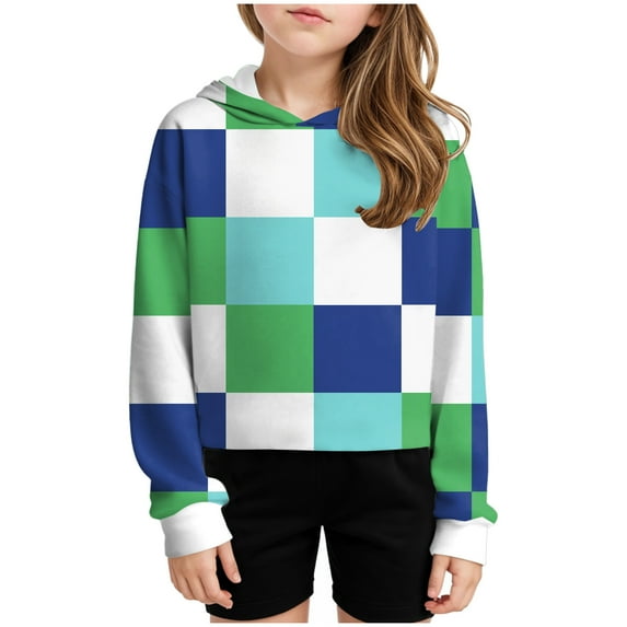 Ketyyh-chn99 Girls Crop Tops Kids Hoodies Drop Shoulder Cute Plaid Color Block Shirts Long Sleeve Cropped Casual Pullover Fashion Sweatshirts Size for 5-6 Y,Green