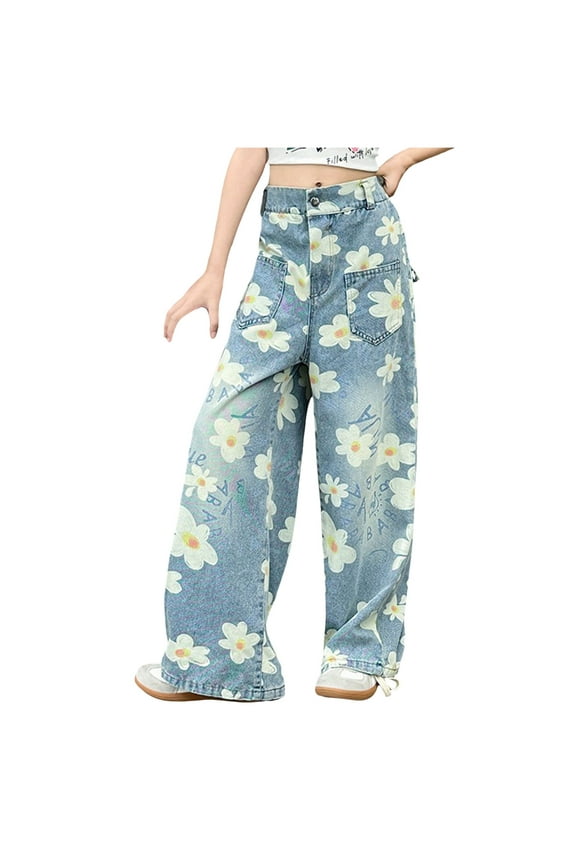 Girls Jeans Pants Wide Leg/Flare/Skinny Denim Pant Ripped High Waist Band Casual with Pockets Kids Size for 7-8 Years,Navy
