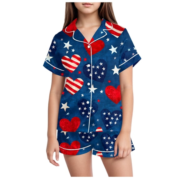 Ketyyh-chn99 Girls July 4th Holiday Outfit Set Independence Day Girls Pajama Set Cute Home Short Sleeve Shorts Pajama Set Size for 4-5 Years,Navy