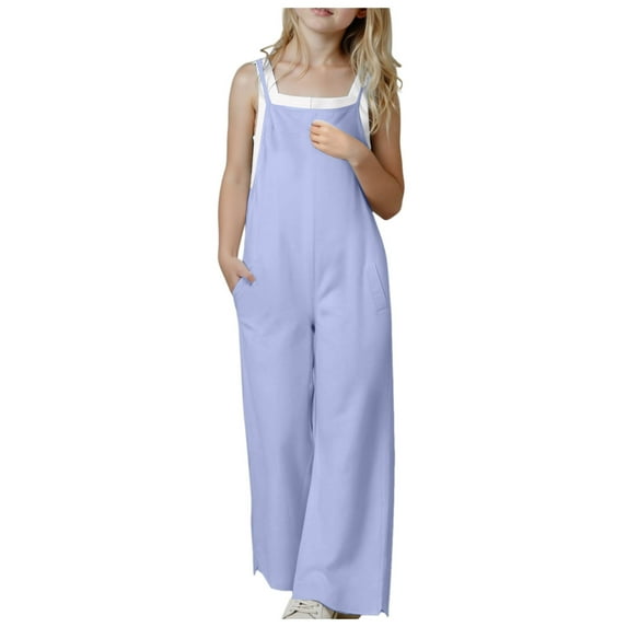Ketyyh-chn99 Girls Jumpsuits Rompers Girls Casual Jumpsuits Spaghetti Strap Sleeveless Loose Romper Long Pants with Pockets Kids Clothes Size for 120,Light Purple