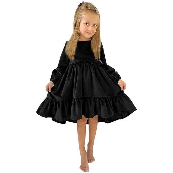 Ketyyh-chn99 Girl Party Dresses Long Dress Long Sleeve Round Neck Princess Dress Black,S