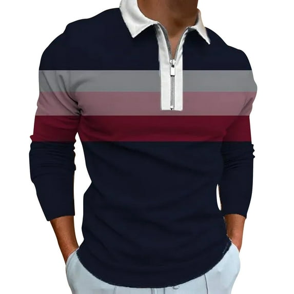 Ketyyh-chn99 Golf Polos For Men Fall Clothes Men's Golf Polo Shirts Long Sleeve Collar Tennis Shirt Color Block Striped Work T-Shirt Dark Blue,3XL