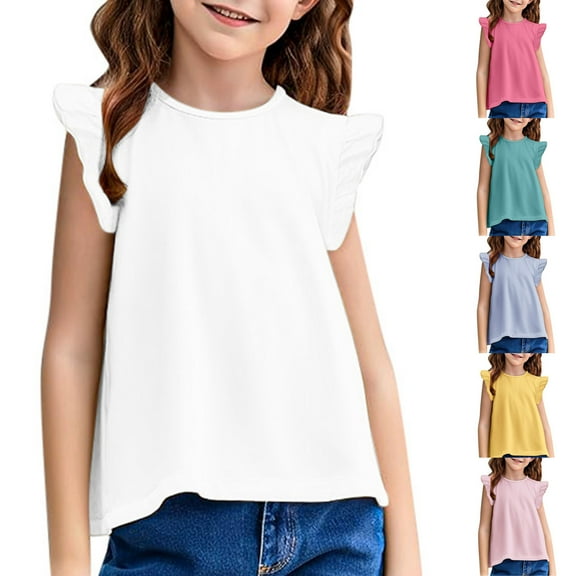 Ketyyh-chn99 Kids Girls Cotton Crew Neck Shirt Girls T Shirts Ruffle Short Sleeve Ruched Knot Side Tunic Blouse Summer Tee Tops for 5-6 Years,Blue