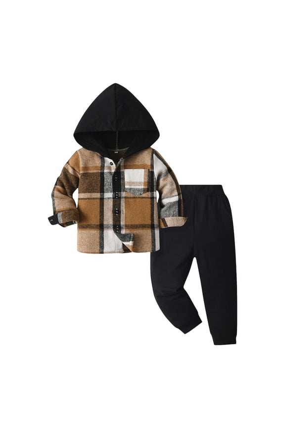 Little Boy Clothes Teen Boy Clothes Kids Clothes 2Pcs Kids Boys Flannel Plaid Shirt Tops Pants Set Hoodie Sweatsuit for Fall Winter Spring Outfits Size for 18-24 Months,Black