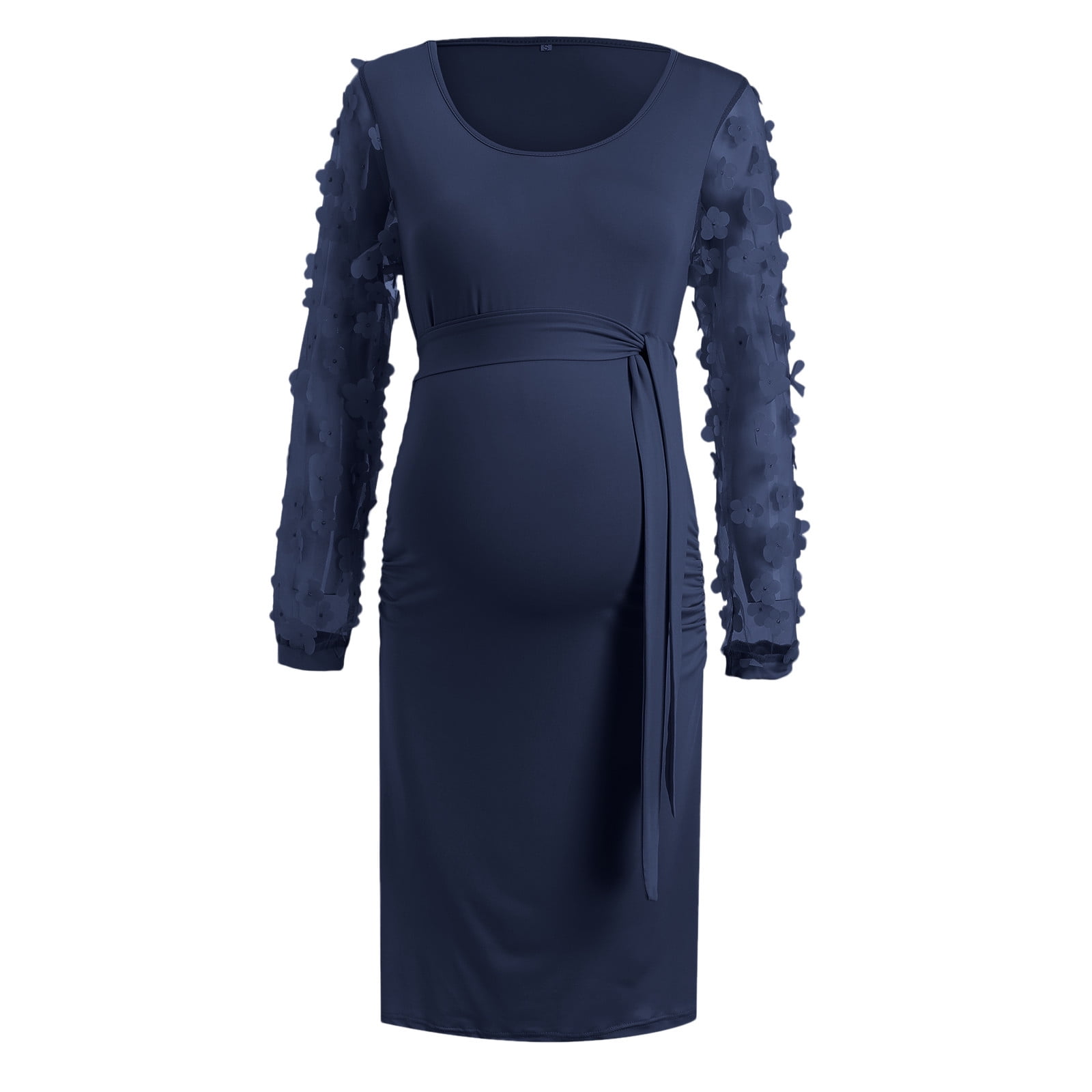 navy blue fitted maternity dress Lace Long Flare Sleeve Slit Dress – AROLORA main image 0