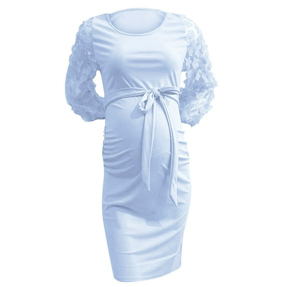 Ketyyh-chn99 Maternity Photoshoot Dress 2024 Summer Women's Flower Long Sleeve Round Neck Dress Long Dress Photography Dress Blue,S