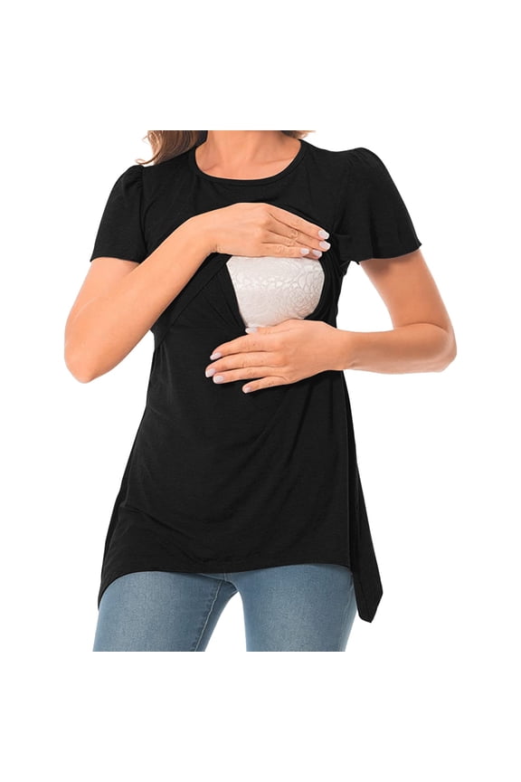 Maternity Shirts Pregnancy T Womens Maternity Tee Shirt Casual Short Sleeve T Shirt Top for Breastfeeding Black,XL
