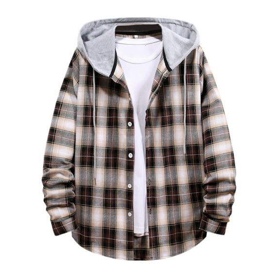 Ketyyh-chn99 Men's & Big Men's Long Sleeve Casual Button Down Flannel Shirt Jackets with Hood for Men Coffee,L