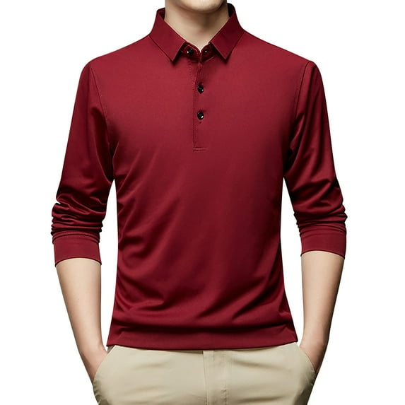 Ketyyh-chn99 Men's Knit Polo Shirts Cotton Long Sleeve Casual Collared Vintage Shirts Classic Fit Soft Shirts Wine,L