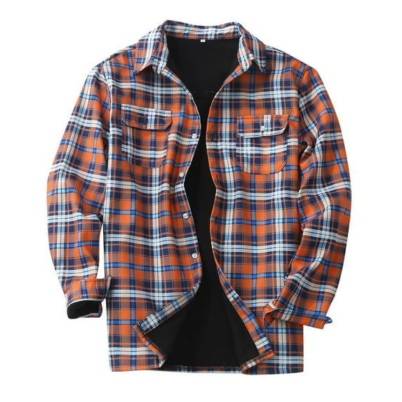Ketyyh-chn99 Men's Warm Lined Plaid Flannel Shirt Jacket Button Down Long Sleeve Winter Coats Orange,M