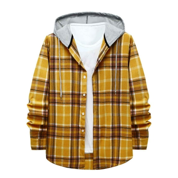 Ketyyh-chn99 Mens Winter Coats Men's Long Sleeve Hoodie Jacket Casual Button Up Plaid Flannel Keep Warm Outdoor Winter Coat winter coats for men,Men Shirts Yellow,M