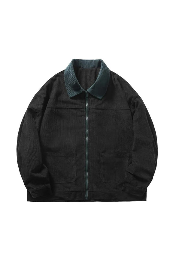 Mens Winter Jacket Flannel Jacket Men's Corduroy Trucker Jacket Stand Collar Long Sleeve Zip Up Pockets Oversized Vintage Coats Black,3XL