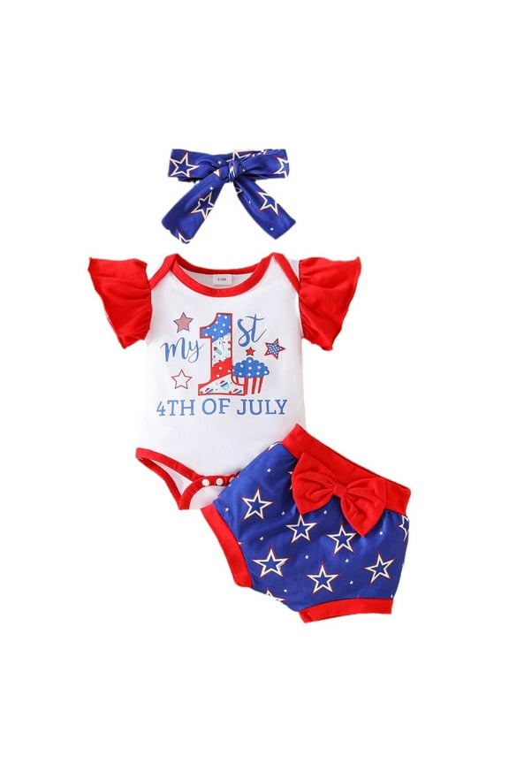 My 1st 4th of July Outfits Baby Girl American Flag Print Romper Independence Day Outfits Blue,9-12 Months