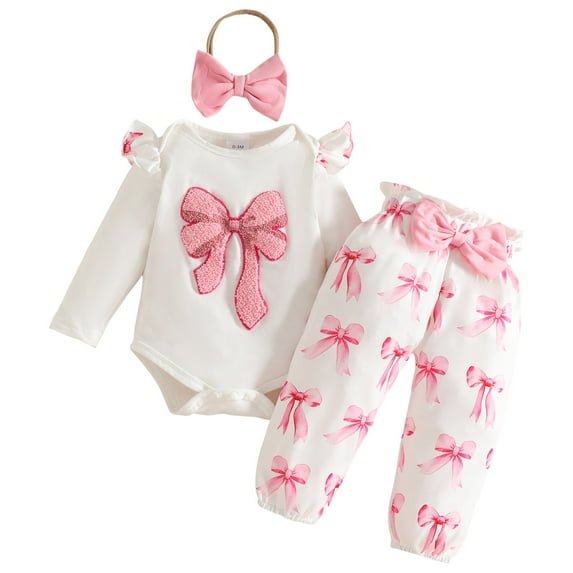 Ketyyh-chn99 Newborn Girl Outfit Sets 0 3 6 12 18 24M Newborn Baby Girl Bell Bottom Outfit Ruffle Romper Cute Bow Flare Pants Set Headband Cute Clothes Size for 12-1 Months,Pink