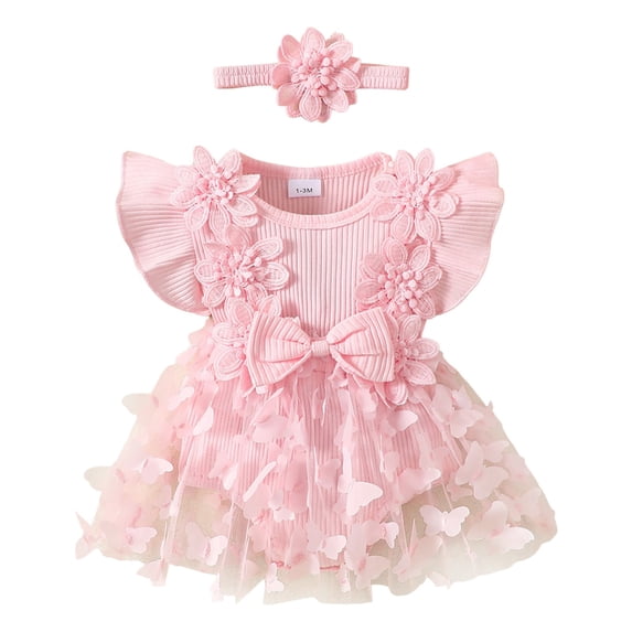 Ketyyh-chn99 Newborn Girl Clothes 1st Birthday Girl Gifts Baby Girl Dress Romper Baby Romper Dress Flowers Embroidery Tulle Skirt Infant Girl Summer Clothes with Headband Size for 6-9 Months,Pink
