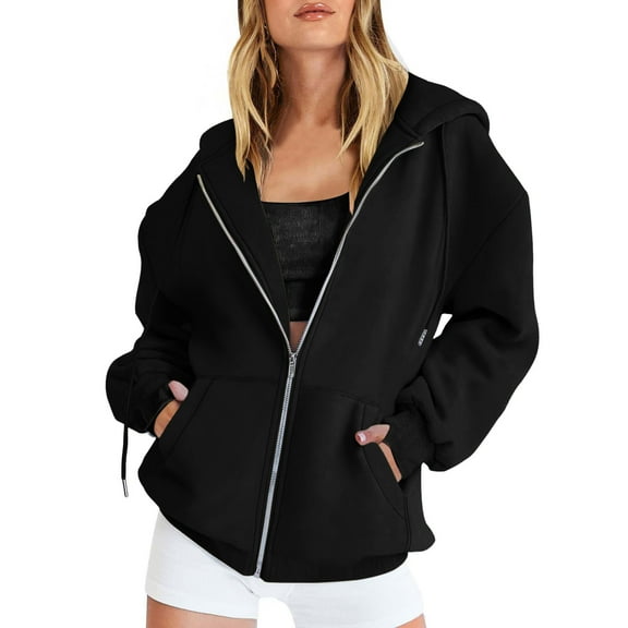 Ketyyh-chn99 Oversized Zip Up Hoodie for Women Baggy Loose Basic Zipper Hooded Sweatshirt Coat Y2K Jacket(Black,L)