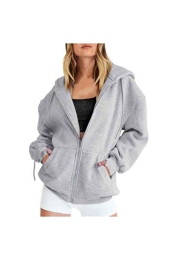 Oversized Zip Up Hoodie for Women Baggy Loose Basic Zipper Hooded Sweatshirt Coat Y2K Jacket(Light Gray,S)
