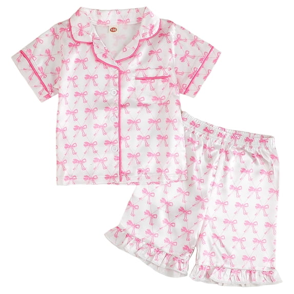 Ketyyh-chn99 Pajamas For Girls Toddler Kids Girl Silk Pajamas Baby Ruffled Sleeve Button Down Satin Silk Pjs Sleepwear Loungwear Shorts Set Size for 5-6 Years,Pink
