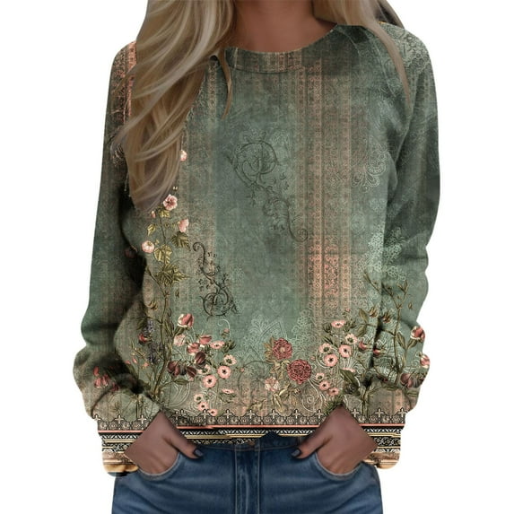 Ketyyh-chn99 Plus Size Tops Printed Crew Neck Long Sleeves Shirt with Pocket AG,L