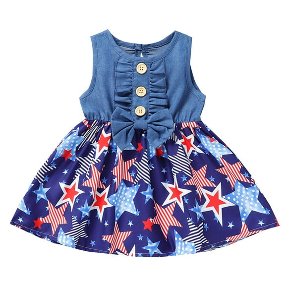 Tennyeal Girl 4th Of July Dress Toddler Dress Girls Summer Independence Day Sleeveless Star Print Frilly Denim Patchwork Dress Sundress Princess Dress for 6-12 Months,Blue