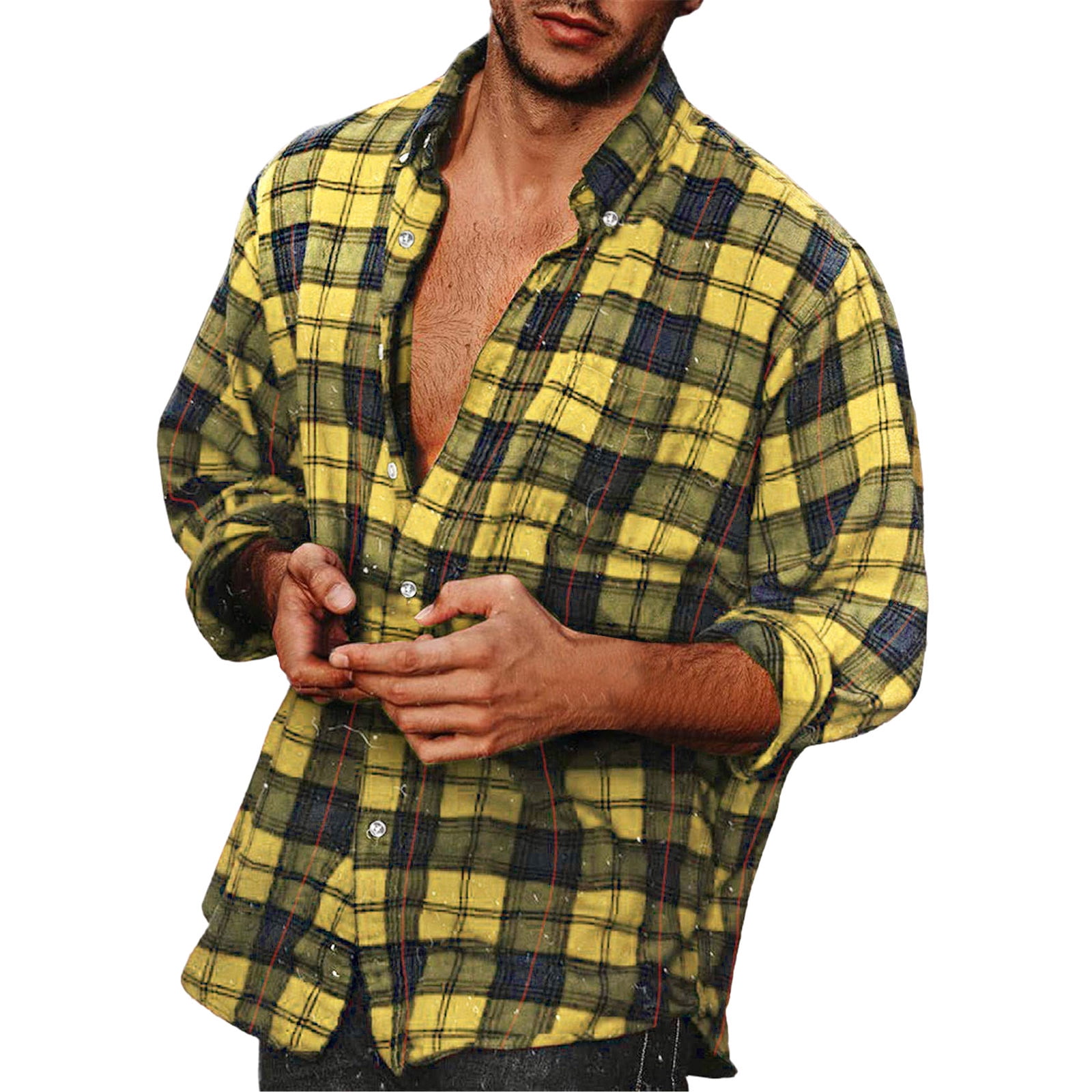 mens yellow plaid dress shirt Men's Slim Fit Warm Yellow Plaid Check Linen Shirt