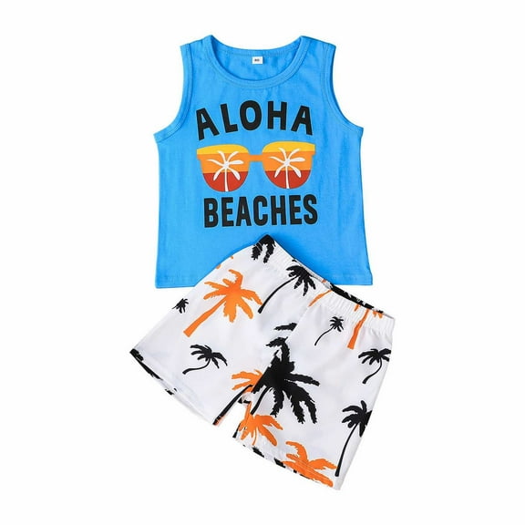 Ketyyh-chn99 Summer Outfits For Toddler Boy 2025 Toddler Boys Shorts Set Seaside Printed T-Shirt Shorts 2Pcs Little Boy Outfits Summer Clothes Suit for18-24 Months ,Blue