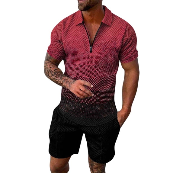 Ketyyh-chn99 Sweatsuits for Men Sport Suit Short Sets Outfits 2 Piece Summer Tracksuit Short Sleeve T Shirt and Shorts Set Red,L