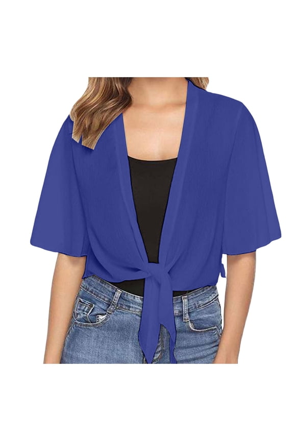 Quealent Cardigans for Women Trendy Women's Ruched Short Sleeve Shrugs Cropped Open Front Cardigan Blue,2XL