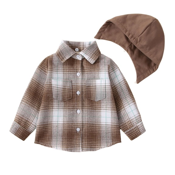 Ketyyh-chn99 Toddler Baby Boy Girl Plaid Top Button Down Flannel Shirts Kids Cotton Boys T Shirts Baby Solid Color Stand-Up Collar Long Sleeve Comfy Tops Tees Clothes Size for 4-5 Years,Brown