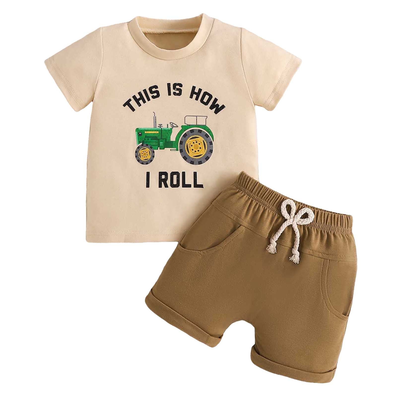 Ketyyh-chn99 Toddler Boy Clothes Summer Outfits Baby Boy Outfits Toddler Boys Summer Clothes Short Sleeve Truck Embroidery T-Shirt + Shorts 2Pcs Set for 2-3 Years,Beige