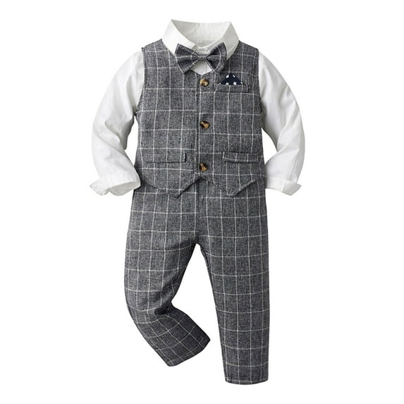 Ketyyh-chn99 Toddler Baby Boys 1st Christmas Outift Gentleman Striped Shirt with Bowtie + Long Suspender Pants Wedding Baptism Birthday Tuxedo Formal Overalls Clothes Size for 3-4 Years,Dark Gray
