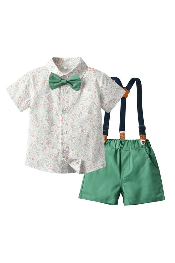 Toddler Boys Formal Outfit Toddler Boy Clothes Suit 2 Piece Formal Dress Shirt With Bowtie Overall Short Suspender Pants Boys Gentleman Wedding Outfits Set Size for 6-12 Months,White