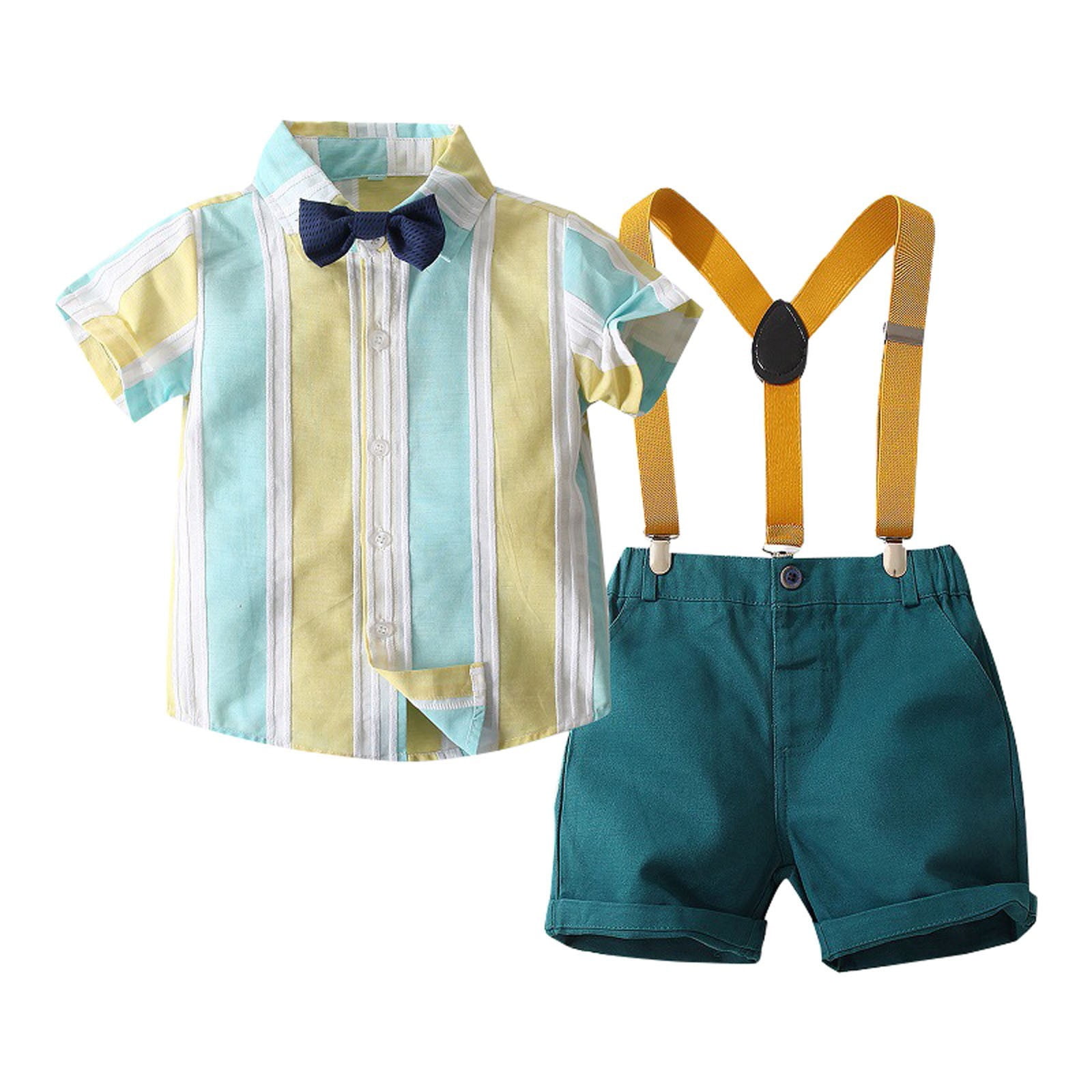 Ketyyh-chn99 Toddler Boys Summer Blazer Set Toddler Boy Clothes Formal Suit Wedding 2 Piece Outfit Boys Dress Shirt with Bowtie Overall Suspender Pants Kids Gentleman Sets Size for 2-3 Years,Blue