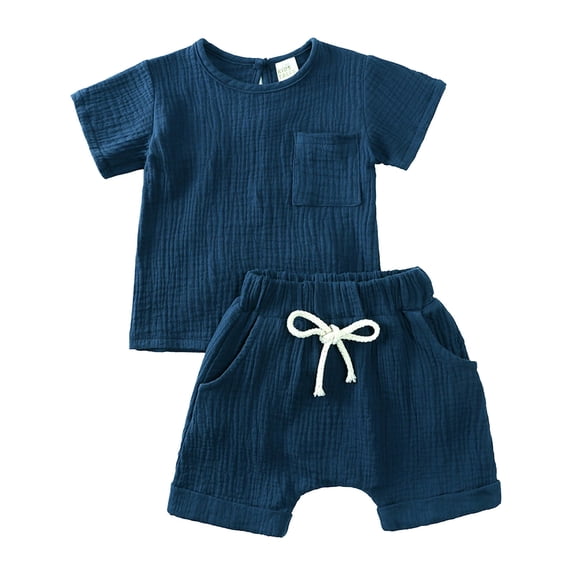 Ketyyh-chn99 Toddler Boys Summer Clothes Sets Toddler Kids Baby Boy Girl Solid Pullover Short Sleeve Cotton Sweatshirt T Shirt Crewneck Tops Shorts Set Clothes Size for 3-6 Months,Dark Blue