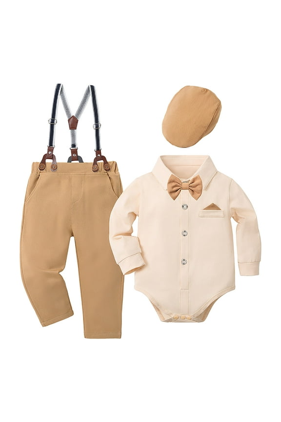 Toddler Christening Outfit Boy Newborn Baby Boy Dress Clothes Long Sleeve Romper Shirt Bowtie Suspender Pants Set Suit Fall Outfits Size for 0-3 Months,Khaki