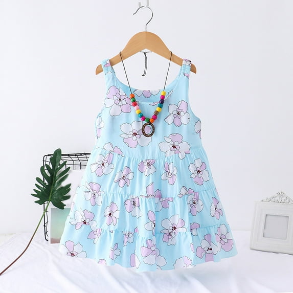 Ketyyh-chn99 Toddler Baby Girls Summer Dress Sling Straps Princess Sundress Floral Printed Casual Beach Holiday Dress Light Blue,3-4 Years