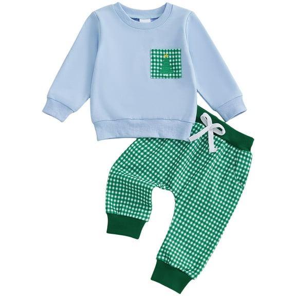 Ketyyh-chn99 Toddler Girl Holiday Pajamas Toddler Baby Boy Girl Christmas Outfit Embroidery Stripe Waffle Knit Sweatshirt Pants Set 2 Piece Clothes Size for 18-24 Months,Light Blue