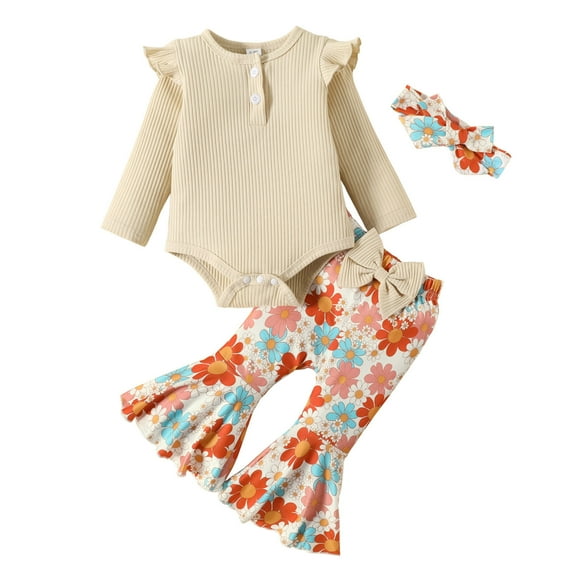 Ketyyh-chn99 Toddler Girls Outfit 2023 Fall Long Sleeve T-Shirt Printed Bell Pants Beige,6M